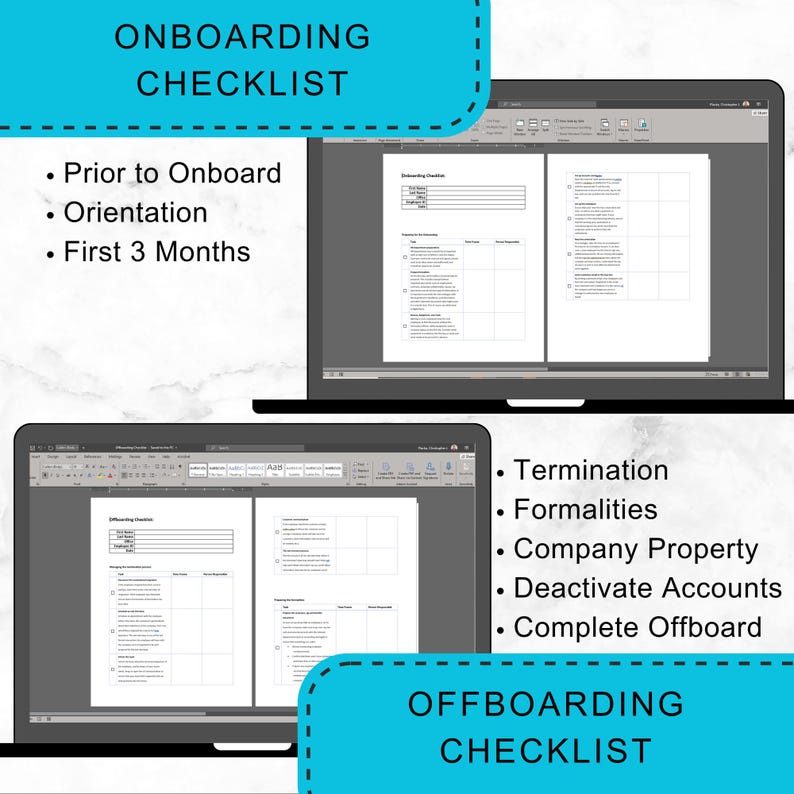 May include: Two laptops displaying onboarding and offboarding checklists. The top laptop shows "Onboarding Checklist" with sections for "Prior to Onboard", "Orientation", and "First 3 Months". The bottom laptop shows "Offboarding Checklist" with sections for "Termination", "Formalities", and more.