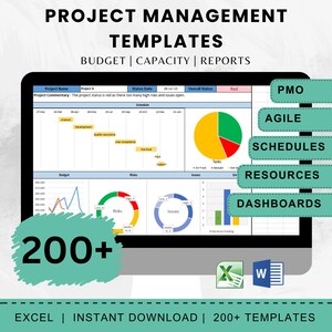 May include: A computer screen displaying project management templates. The screen shows charts, graphs, and a schedule. The image includes the text "200+" and icons for Excel and Word. Keywords: project management, templates, budget, capacity, reports.