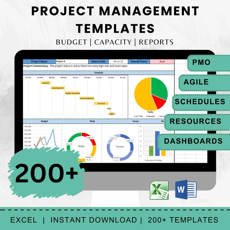 May include: A computer screen displaying project management templates. The screen shows charts, graphs, and a schedule. The image includes the text "200+" and icons for Excel and Word. Keywords: project management, templates, budget, capacity, reports.