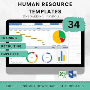 May include: A computer screen displaying human resource templates for onboarding and payroll. The screen shows charts, graphs, and the number "34". Text includes "Training", "Recruiting", and "Employee". The bottom of the screen reads "Excel | Instant Download | 34 Templates".