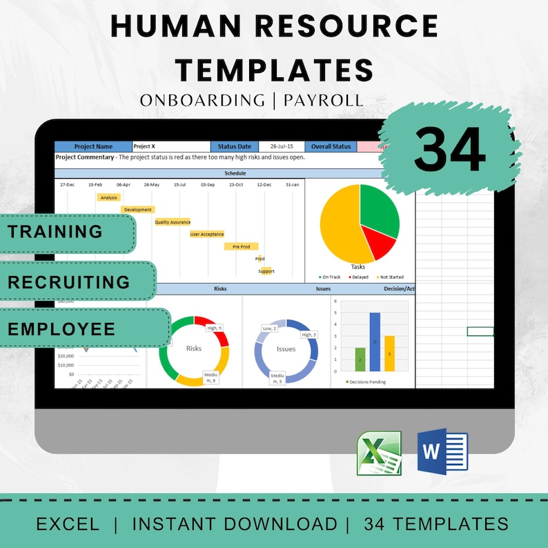 May include: A computer screen displaying human resource templates for onboarding and payroll. The screen shows charts, graphs, and the number "34". Text includes "Training", "Recruiting", and "Employee". The bottom of the screen reads "Excel | Instant Download | 34 Templates".