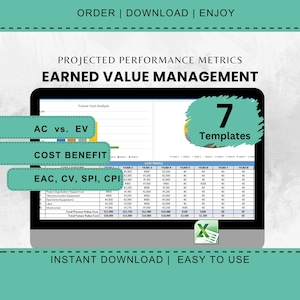 以下が含まれることがあります： 「EARNED VALUE MANAGEMENT」のテキストが表示された財務分析スプレッドシートが、コンピュータ画面に表示されています。「AC vs. EV」、「COST BENEFIT」、「7 Templates」のフレーズが含まれています。下部のバナーには「INSTANT DOWNLOAD | EASY TO USE」と書かれています。