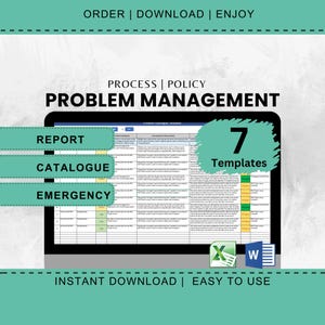 Op de afbeelding: Een computerscherm dat een spreadsheet weergeeft met de titel "Problem Management Templates". De spreadsheet heeft zeven tabbladen met de namen "Report", "Catalogue" en "Emergency". Het scherm is omgeven door een turquoise rand met de tekst "BESTELLEN | DOWNLOADEN | GENIETEN" bovenaan en "INSTANT DOWNLOAD | EASY TO USE" onderaan.