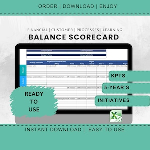 Puede incluir: Una pantalla de ordenador que muestra una plantilla de hoja de cálculo para un cuadro de mando integral. La plantilla se titula "Cuadro de mando integral" e incluye secciones para finanzas, clientes, procesos y aprendizaje. La hoja de cálculo está lista para usar e incluye un plan de iniciativas a 5 años. La plantilla está disponible para descarga instantánea.