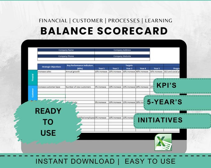 Balanced Scorecard Excel Template, Business KPI (Digital Download)