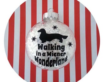 Dachshund Ornament ~ Wiener Wonderland for Doxie Lovers with Faux Snow Acrylic or Glass ~ Long Hair Dachshund