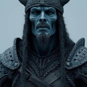 Könnte beinhalten: Detailliertes Porträt eines Wikingerkriegers mit ernstem Blick. Er trägt einen gehörnten Helm und aufwendig gestaltete Rüstung. Sein Gesicht ist bläulich, mit langem Bart und fließendem Haar, vor einem gedämpften Hintergrund.