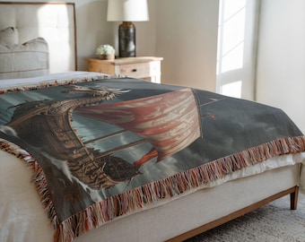 Viking Longship Woven Blanket: Cotton Throw, Wall Decor