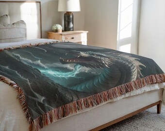 Jormungandr Blanket: Norse Sea Monster Woven Cotton Throw