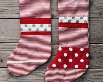 Whimsical Quilted Cotton Stockings in red, off-white and gray, set of 2