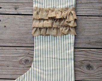 Christmas Stocking in green ticking with burlap ruffles