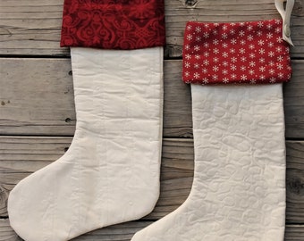 Quilted Cotton Stocking - Cream with Burgundy Snowflake Cuff