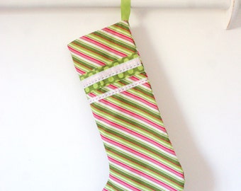 Trimmed in Stitches Christmas Stocking in Green and Dark Pink