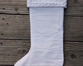 Solid WHITE Quilted Christmas Stocking with chenille cuff & pocket