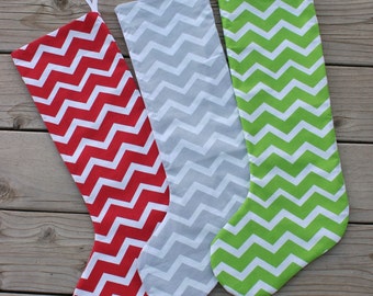 Reversible Chevron Christmas stocking in red, green with gray
