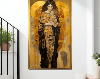 Klimt-Inspired Mother and Child Canvas, Golden Embrace Art, Symbolic Wall Decor, Ready to Hang