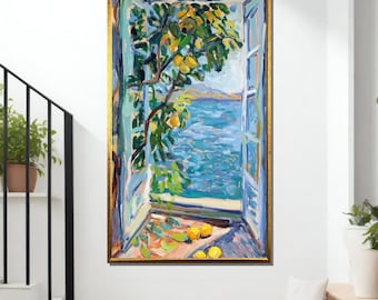 Toile d'art pour fenêtre méditerranéenne : citronnier, vue sur l'océan