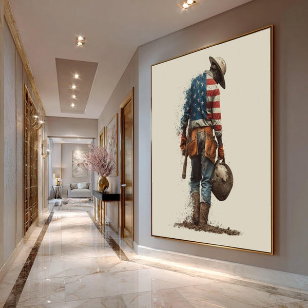 Patriotic Construction Worker Canvas Art, USA Flag Overlay, Rustic American Print