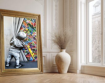 Curious Child Peeking Graffiti Canvas, Urban Street Art Wall Decor