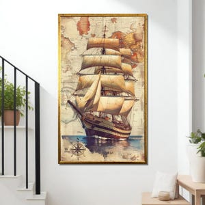 Vintage Segelschiff Leinwand, Wasserwandkunst, Antike Karte Dekor, Maritimes Abenteuer Design, fertig zum Aufhängen