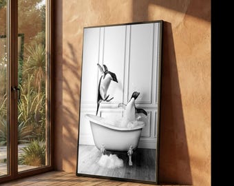 Penguin Bath Time Canvas: Whimsical Bathroom Wall Art