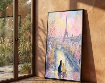 Eiffel Tower Cat Canvas Print, Watercolor Paris Cityscape Wall Art