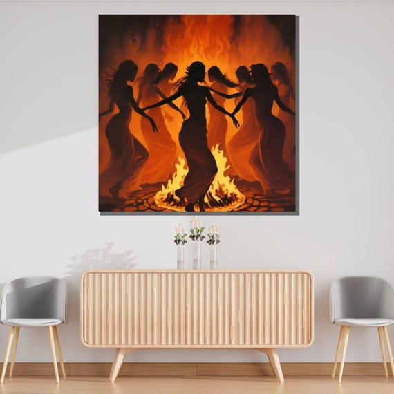 Fire Dance Ritual Canvas: Mystic Women Tribal Art, Ready to Hang