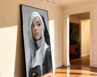 Gothic Seductive Nun Portrait Canvas Art, Monochrome Wall Decor, Edgy Alternative Painting