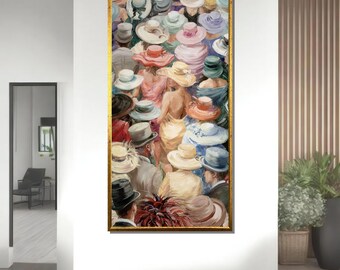 Colorful Hat Parade Canvas: Vintage Fashion Crowd, Impressionist Style