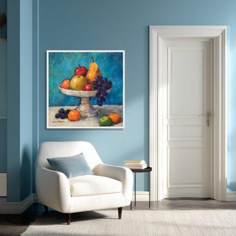 Classic Fruit Still Life Canvas Art, Grapes Pear Apple Kitchen Decor Painting image 5