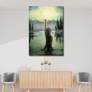 Lienzo de reflexión del lago sagrado, arte de la mujer espiritual, cartel de la serenidad de la naturaleza, impresión de pared mística, diseño de lienzo de arte de pared, listo para colgar
