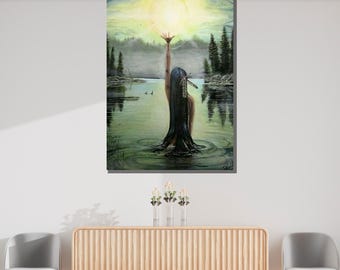 Sacred Lake Reflection Canvas, Spiritual Woman Art, Nature Serenity Poster, Mystical Wall Print, Wall Art Canvas Design, Ready to Hang