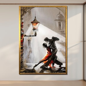 ロマンチックなタンゴダンスキャンバス、カップルのダンスウォールアート、情熱的なダンスの絵画、エレガントな室内装飾、すぐに掛けられるアートワーク