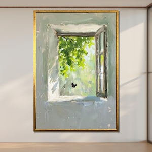 Lienzo de mariposas: ventana abierta, pintura de luz natural, listo para colgar