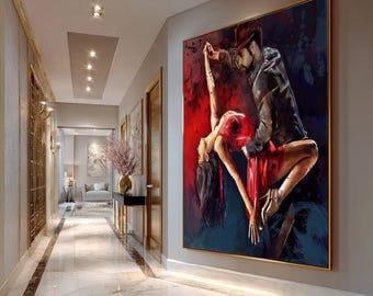 Passionate Tango Dance Couple Canvas Art, Romantic Red Dress Scene Painting