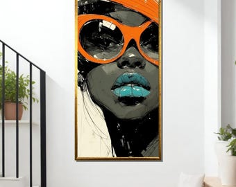 Abstract Portrait Canvas: Bold Face, Blue Lips, Orange Sunglasses