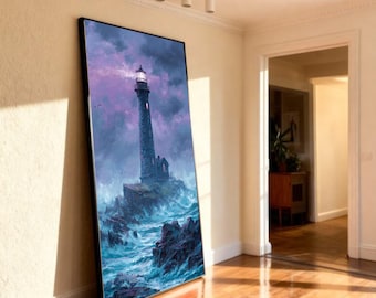 Dramatische Leuchtturm-Leinwand, stürmische Seelandschaft, Küstenmalerei