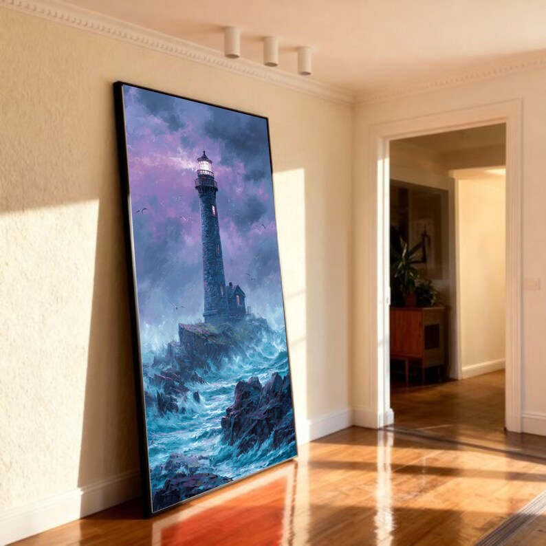 Dramatic Lighthouse Canvas Art, Stormy Sea Landscape, Coastal Ocean Painting image 1