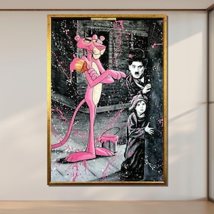 Lienzo de Pantera Rosa y Charlie Chaplin, arte callejero de dibujos animados, arte de pared único, listo para colgar