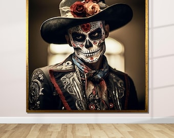 Dia de los Muertos Cowboy Canvas: Sugar Skull Portrait, Ready to Hang