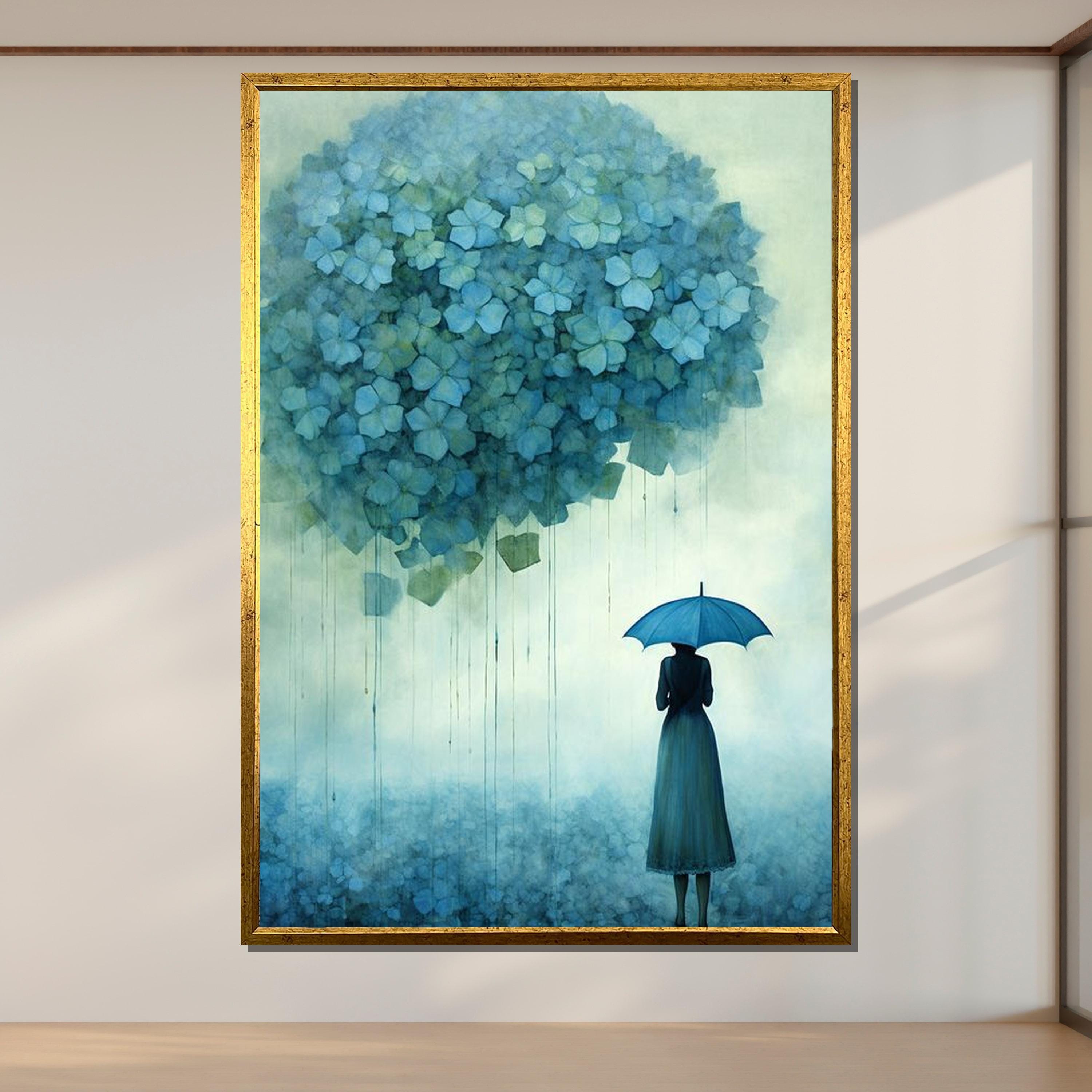 Dreamy Blue Hydrangea Art, Ethereal Woman with Umbrella Canvas, Serene Floral Wall Print, Whimsical Rainy Day Decor, Ready to Hang