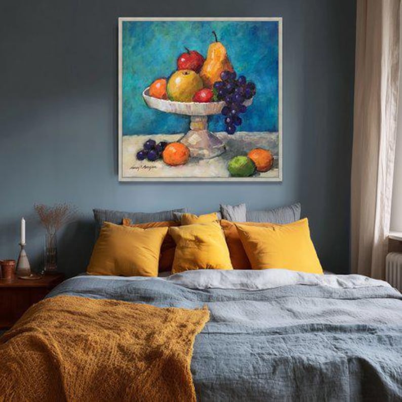 Classic Fruit Still Life Canvas Art, Grapes Pear Apple Kitchen Decor Painting image 3