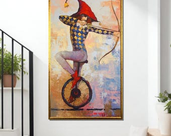 Harlequin Archer Canvas: Whimsical Jester Circus Art