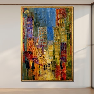 Colorful Rainy City Canvas, Urban Night Lights Wall Art, Abstract Cityscape Painting, Vibrant City Wall Decor, Ready to Hang Artwork
