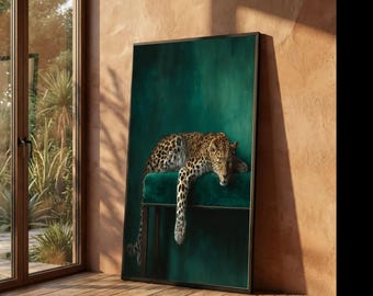 Resting Leopard Canvas Art, Wildlife Animal Painting, Elegant Nature Print (Ready to Hang)