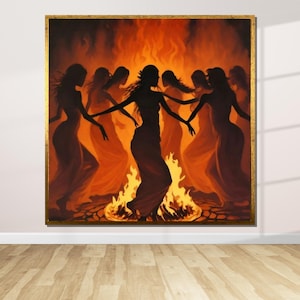 Fire Dance Ritual Canvas, Mystic Women Wall Art, Tribal Dance Decor, Enigmatic Flame Design, Ready To Hang Canvas