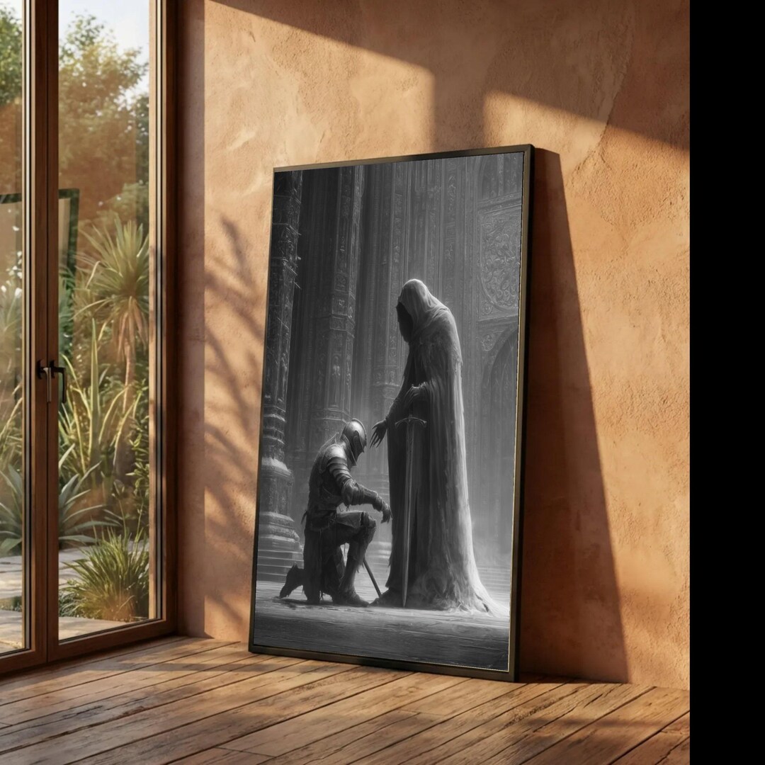 Medieval Knight Kneeling Dark Fantasy Canvas Art, Gothic Castle Sword ...