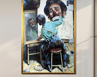 Nostalgic Clown Canvas Painting: Self-Reflection Framed Art
