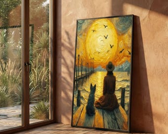 Van Gogh Style Sunset Canvas: Woman and Dog Lake Print