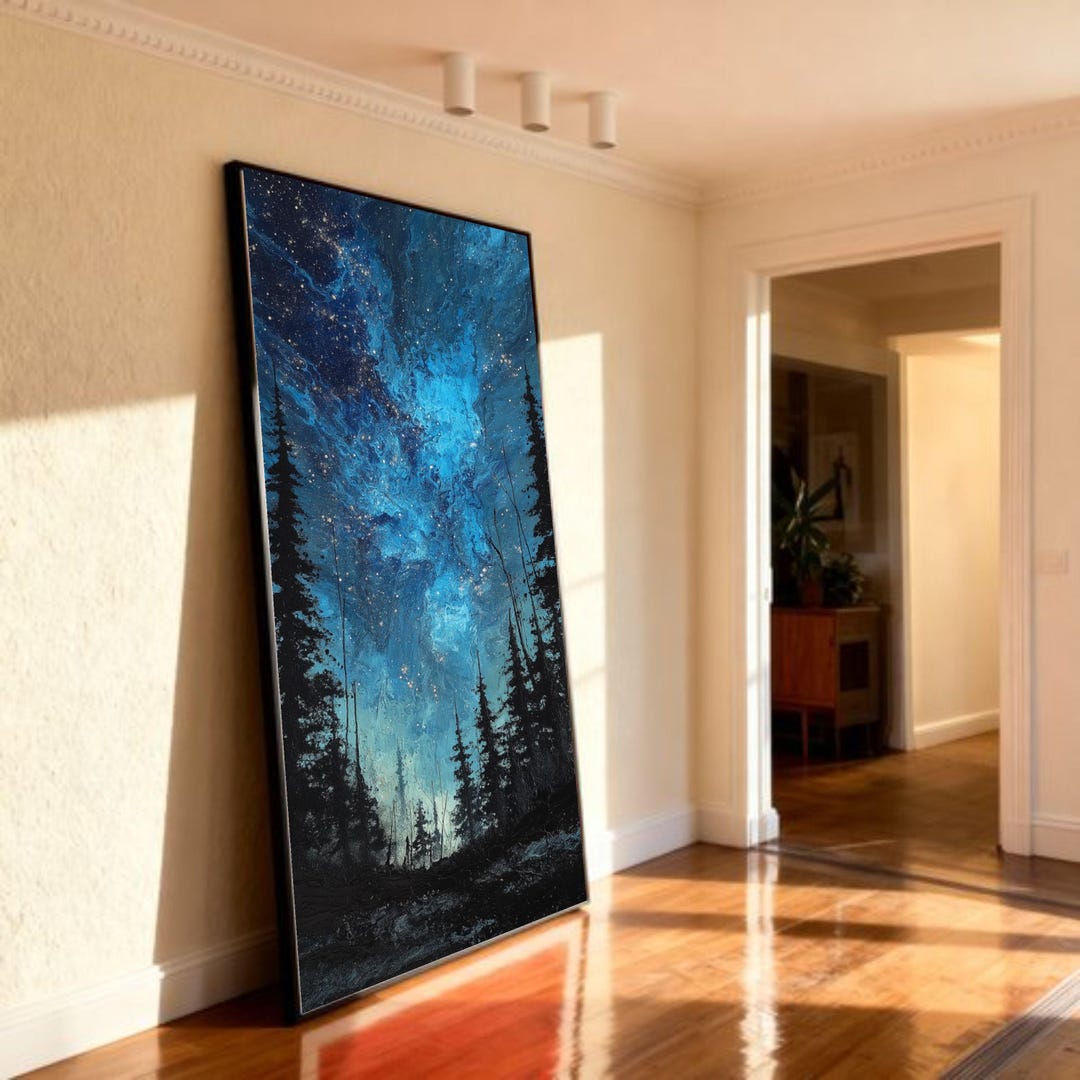 Starry Night Forest Canvas Painting, Abstract Blue Nightscape Wall Art ...